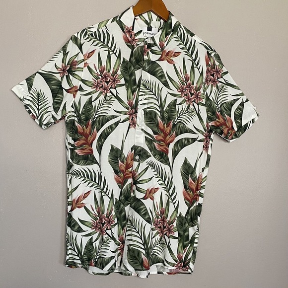 Topman Hawaiian Shirt Mens Size Small Short Sleeve‎ Floral Green White Pink - Picture 2 of 11